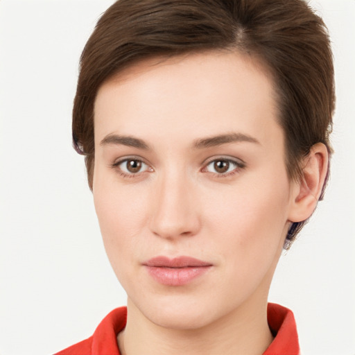 Neutral white young-adult female with short  brown hair and brown eyes