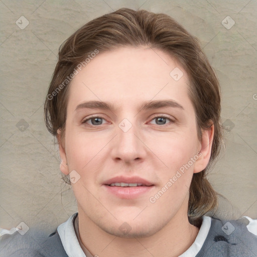 Joyful white young-adult female with medium  brown hair and blue eyes