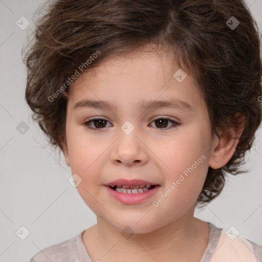 Joyful white child female with medium  brown hair and brown eyes