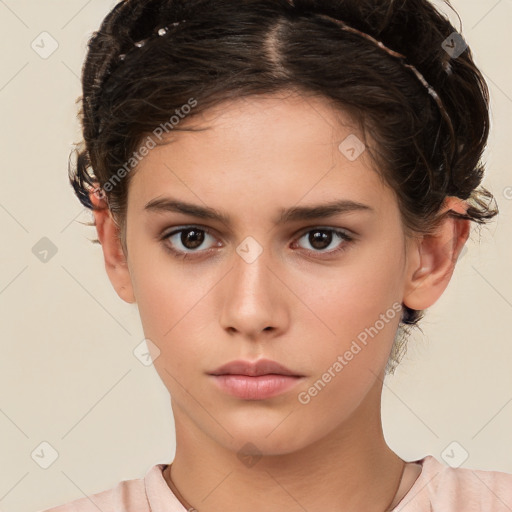 Neutral white young-adult female with short  brown hair and brown eyes