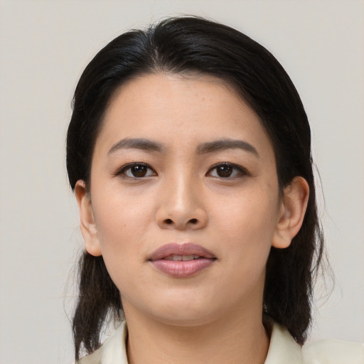 Neutral white young-adult female with medium  black hair and brown eyes