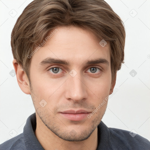 Neutral white young-adult male with short  brown hair and grey eyes