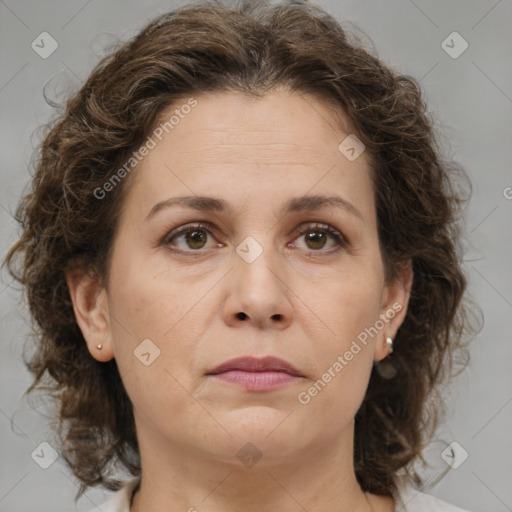 Neutral white adult female with medium  brown hair and brown eyes