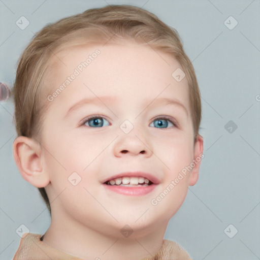 Joyful white child female with short  brown hair and blue eyes