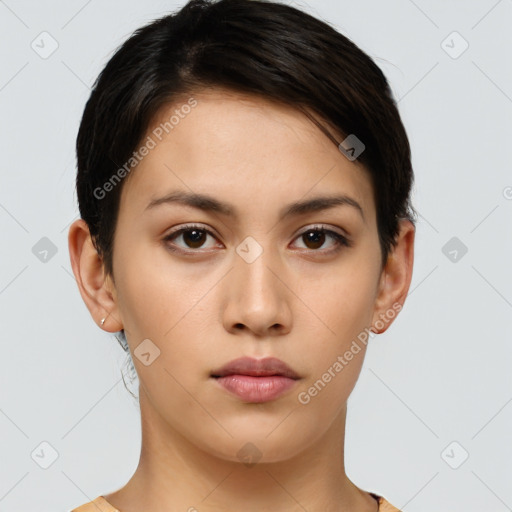 Neutral white young-adult female with short  brown hair and brown eyes