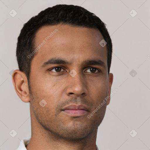 Neutral white young-adult male with short  black hair and brown eyes