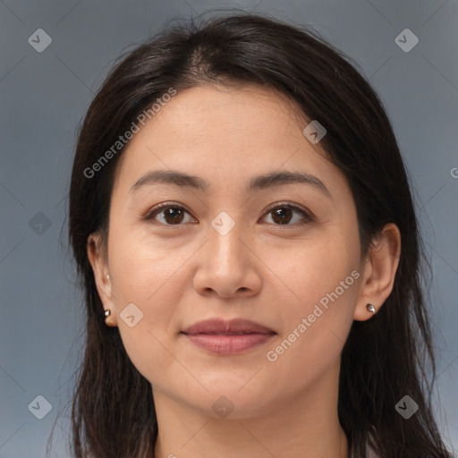 Joyful white young-adult female with medium  brown hair and brown eyes