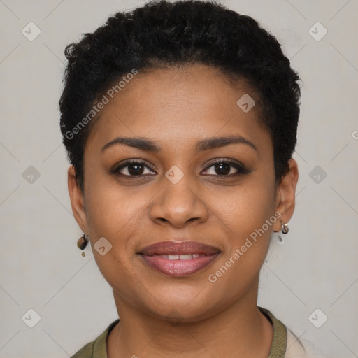 Joyful black young-adult female with short  brown hair and brown eyes