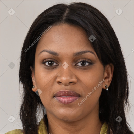 Joyful asian young-adult female with long  brown hair and brown eyes