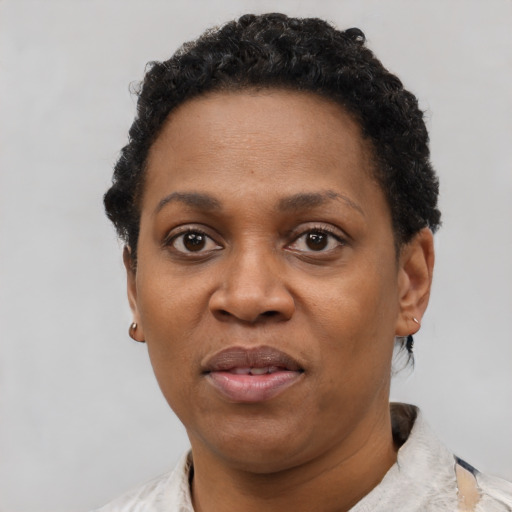 Joyful black adult female with short  black hair and brown eyes