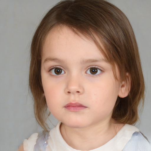 Neutral white child female with medium  brown hair and blue eyes