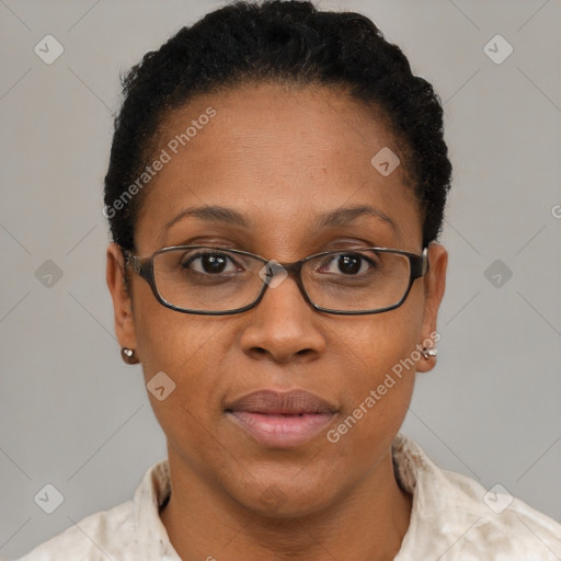 Joyful latino adult female with short  brown hair and brown eyes