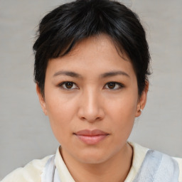 Neutral asian young-adult female with short  brown hair and brown eyes