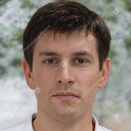 Neutral white young-adult male with short  brown hair and brown eyes