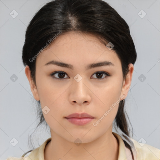 Neutral asian young-adult female with medium  brown hair and brown eyes