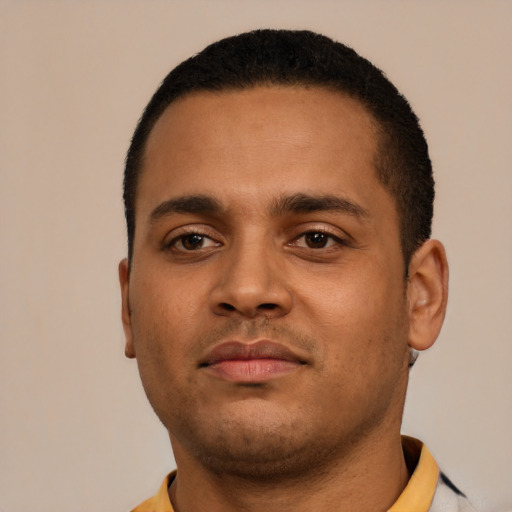 Neutral latino young-adult male with short  black hair and brown eyes
