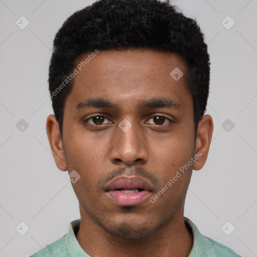 Neutral black young-adult male with short  black hair and brown eyes