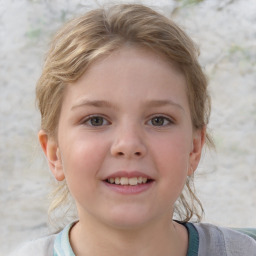 Joyful white child female with short  brown hair and grey eyes