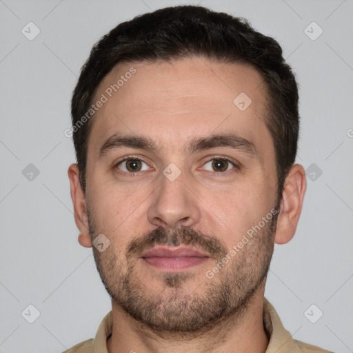 Neutral white young-adult male with short  brown hair and brown eyes