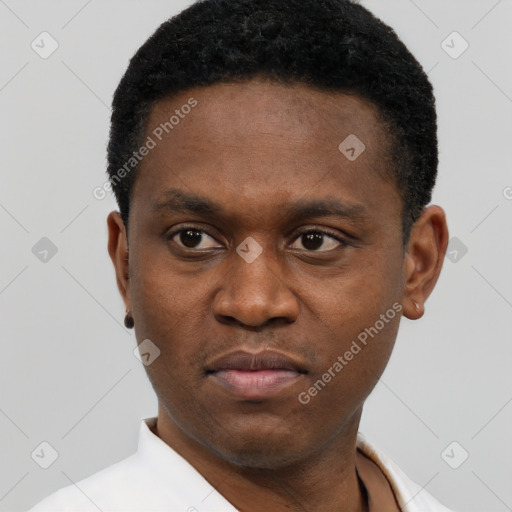 Neutral black young-adult male with short  black hair and brown eyes