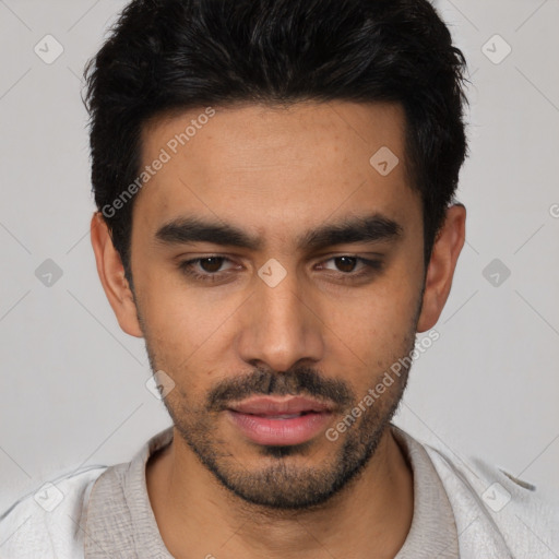 Neutral asian young-adult male with short  black hair and brown eyes