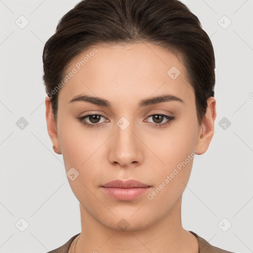 Neutral white young-adult female with short  brown hair and brown eyes