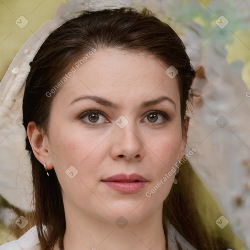 Neutral white young-adult female with medium  brown hair and brown eyes