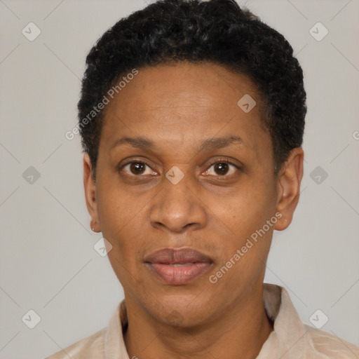 Neutral latino adult female with short  black hair and brown eyes