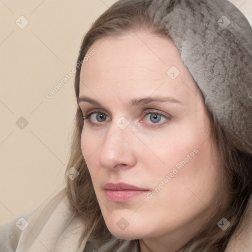 Neutral white young-adult female with medium  brown hair and grey eyes