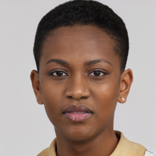 Neutral black young-adult female with short  black hair and brown eyes