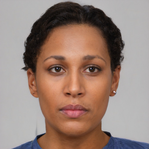 Neutral asian young-adult female with short  black hair and brown eyes