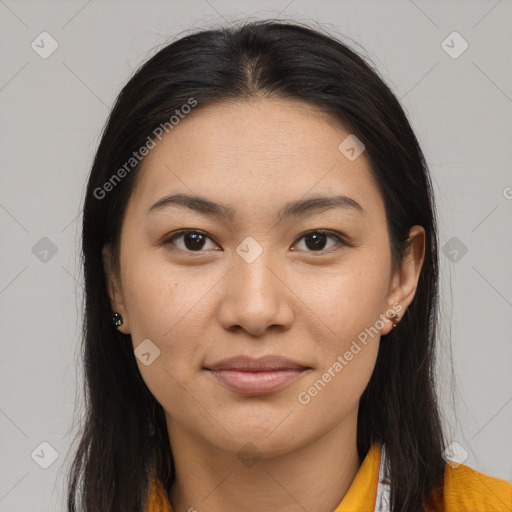 Joyful asian young-adult female with long  brown hair and brown eyes