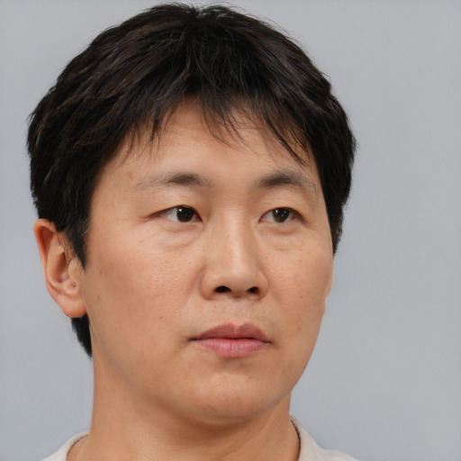 Neutral asian adult male with short  brown hair and brown eyes