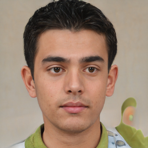 Neutral white young-adult male with short  brown hair and brown eyes