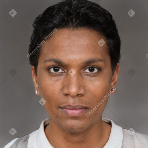 Neutral black young-adult female with short  black hair and brown eyes