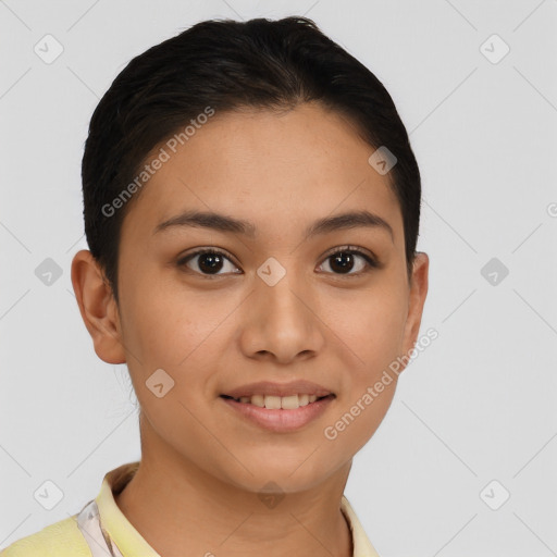 Joyful latino young-adult female with short  brown hair and brown eyes