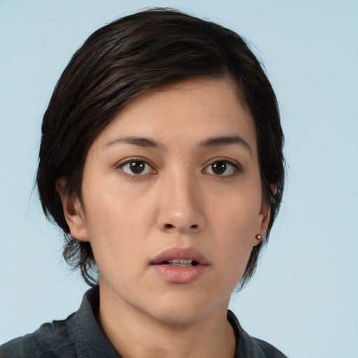 Neutral asian young-adult female with medium  black hair and brown eyes