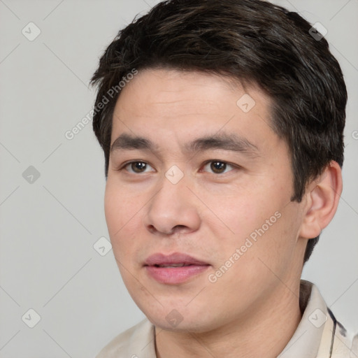 Neutral white young-adult male with short  black hair and brown eyes