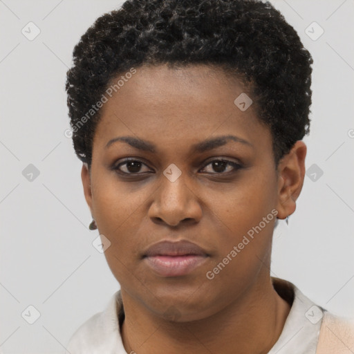 Neutral black young-adult female with short  black hair and brown eyes