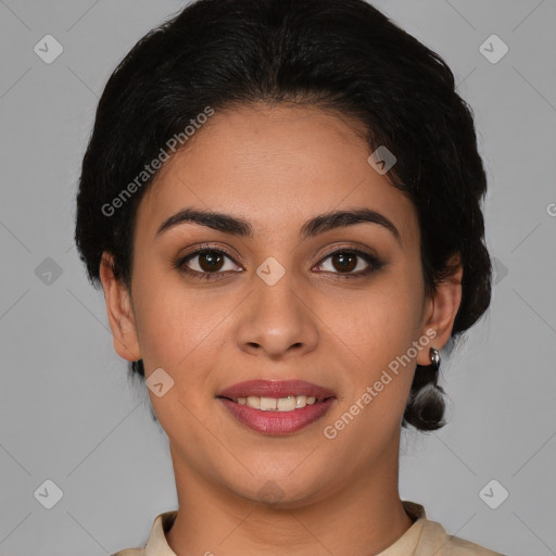 Joyful white young-adult female with medium  brown hair and brown eyes