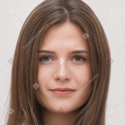 Neutral white young-adult female with long  brown hair and brown eyes