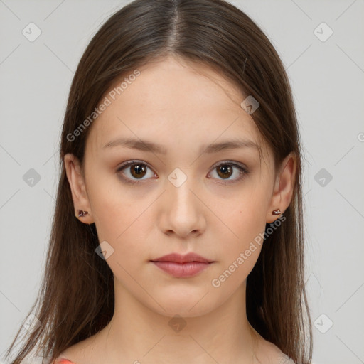 Neutral white young-adult female with long  brown hair and brown eyes