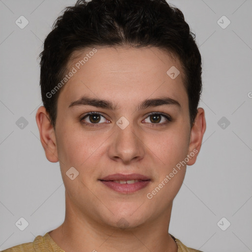 Joyful white young-adult female with short  brown hair and brown eyes