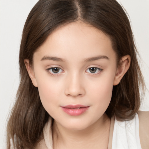 Neutral white child female with long  brown hair and brown eyes