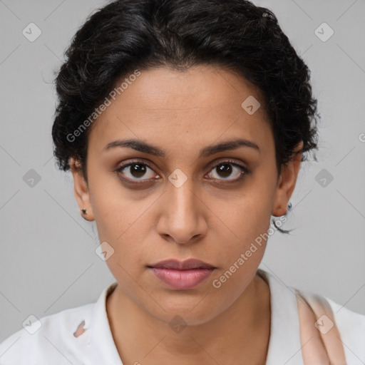 Neutral latino young-adult female with short  brown hair and brown eyes