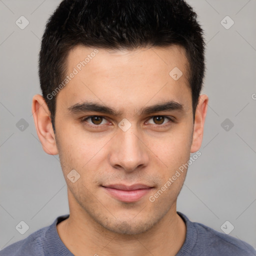 Neutral white young-adult male with short  brown hair and brown eyes