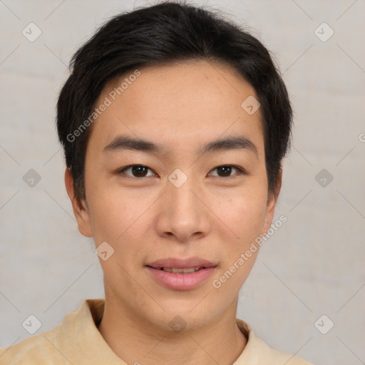 Neutral asian young-adult male with short  brown hair and brown eyes