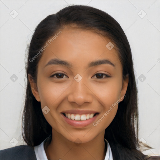 Joyful latino young-adult female with long  brown hair and brown eyes