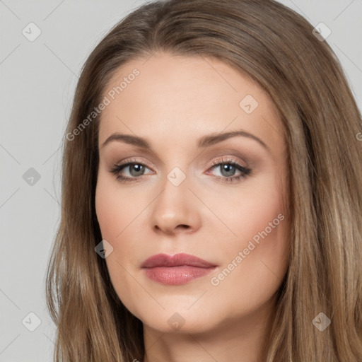 Neutral white young-adult female with long  brown hair and brown eyes