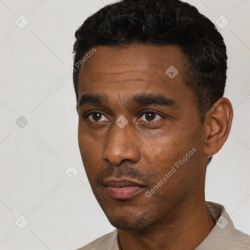 Neutral black young-adult male with short  black hair and brown eyes